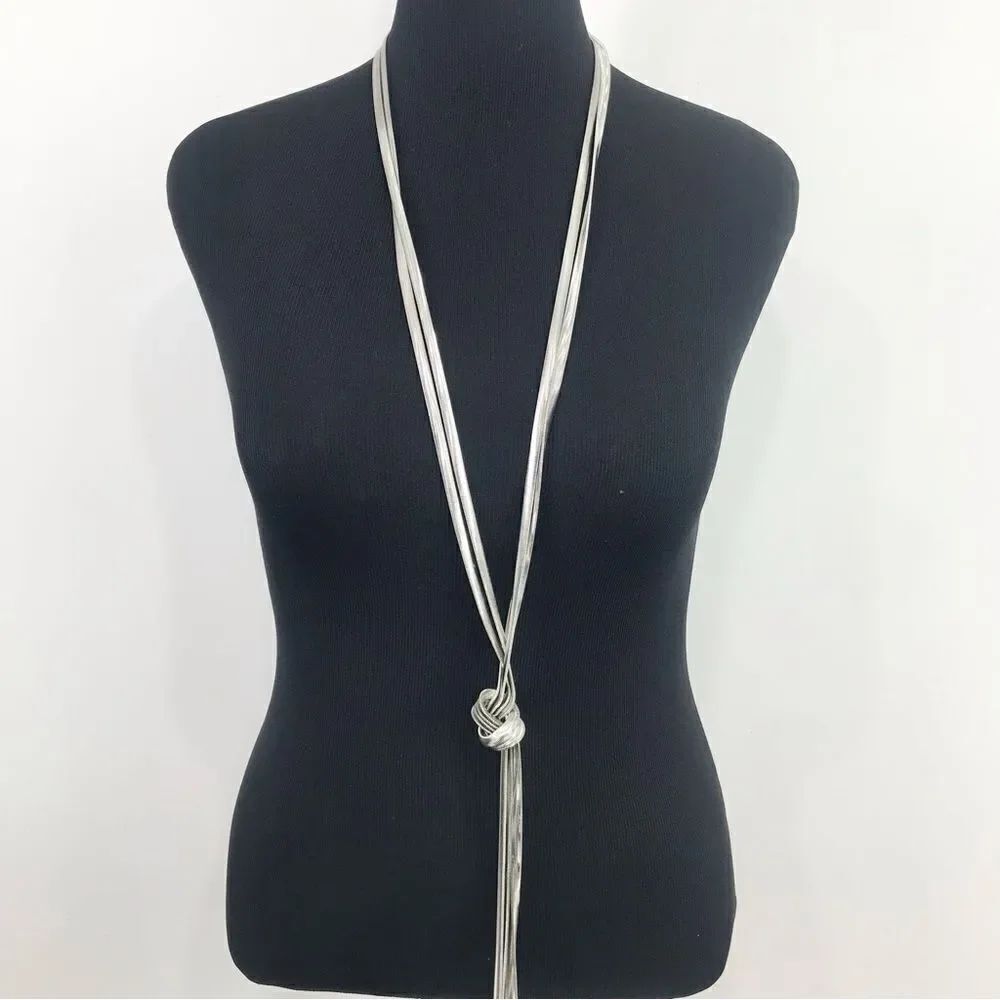 Express Silver Multi Strand Low Knot Flexible Ribbed Contemporary Necklace NEW